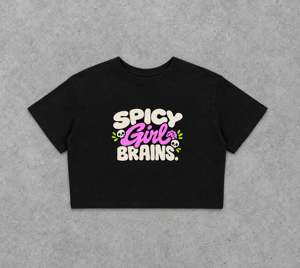 Spicy Girl Brains baby tee – black cropped baby tee with Spicy Girl Brains print, flat lay, AI-generated mockup
