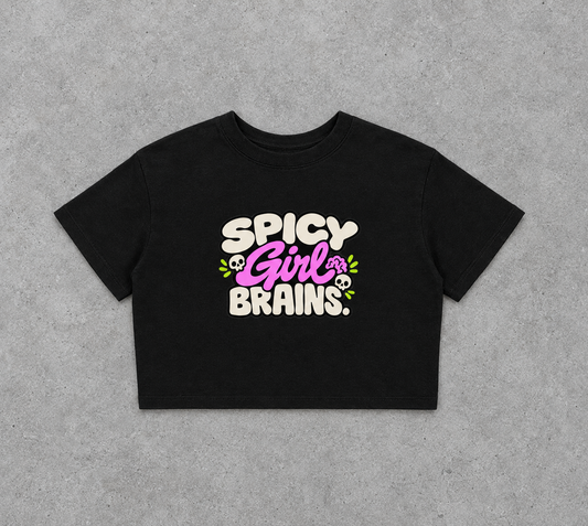 Spicy Girl Brains baby tee – black cropped baby tee with Spicy Girl Brains print, flat lay, AI-generated mockup