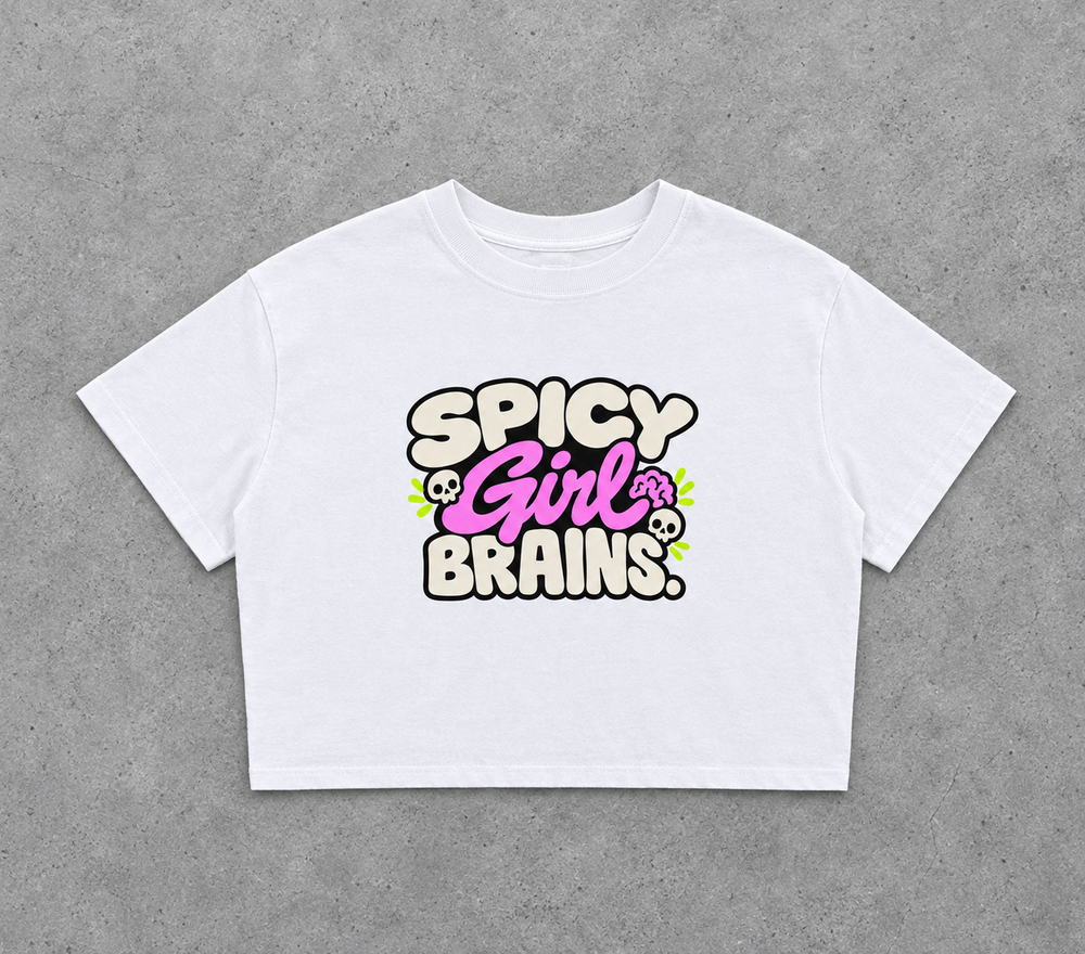 Spicy Girl Brains baby tee – white cropped baby tee with Spicy Girl Brains print, flat lay, AI-generated mockup