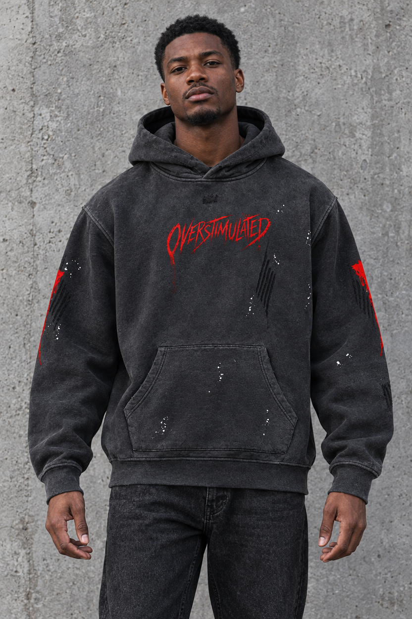 Overstimulated distressed horror hoodie – man wearing the distressed hoodie, front view, AI-generated mockup