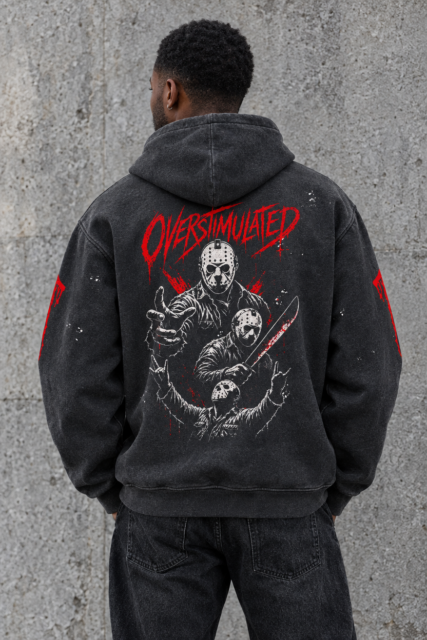 Overstimulated distressed horror hoodie – man showing the hockey-mask back print, AI-generated mockup