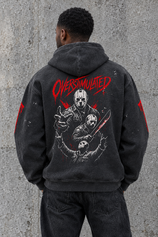 Overstimulated distressed horror hoodie – man showing the hockey-mask back print, AI-generated mockup
