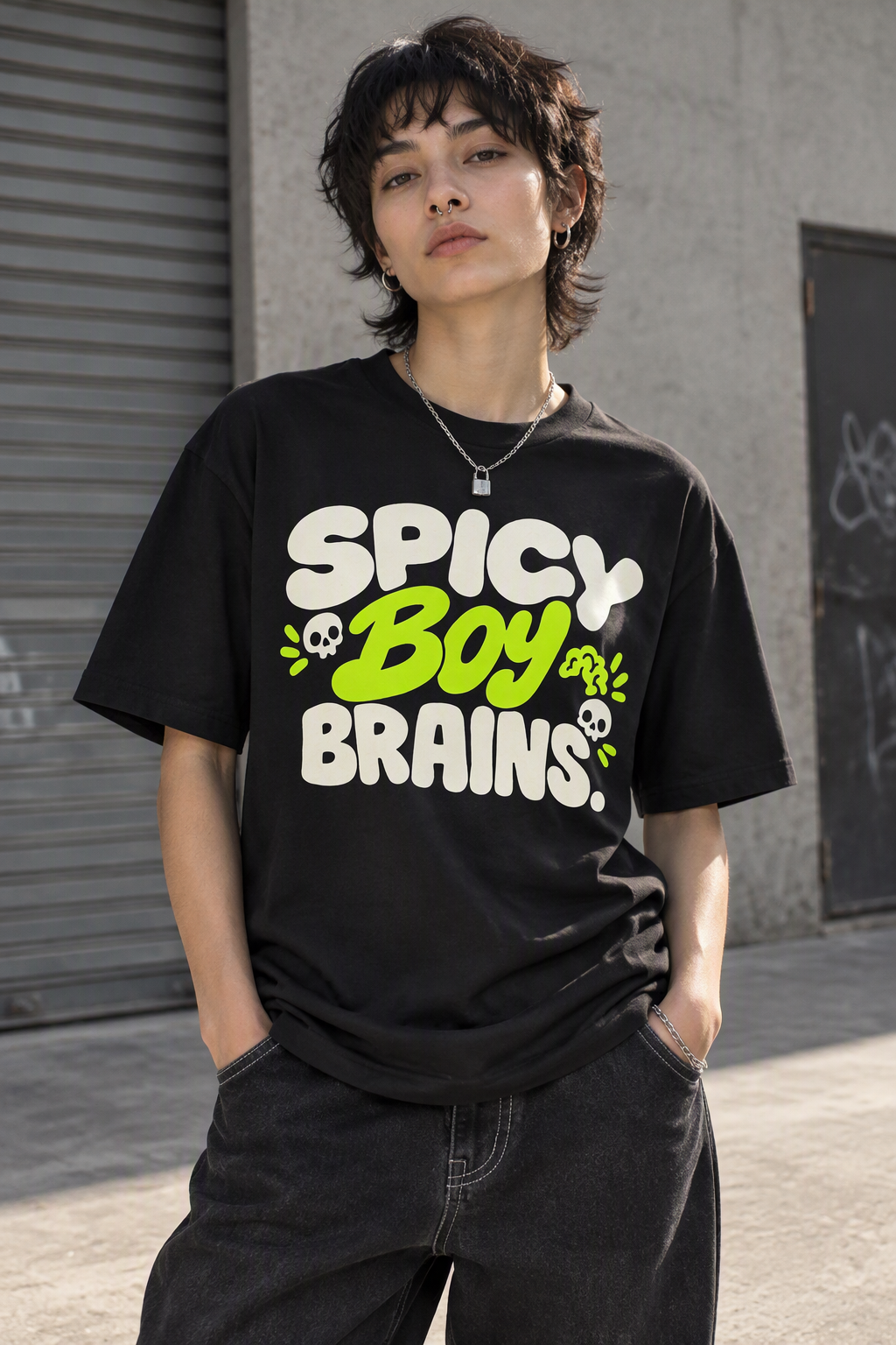 Spicy Boy Brains tee – person wearing the Spicy Boy Brains tee, AI-generated mockup