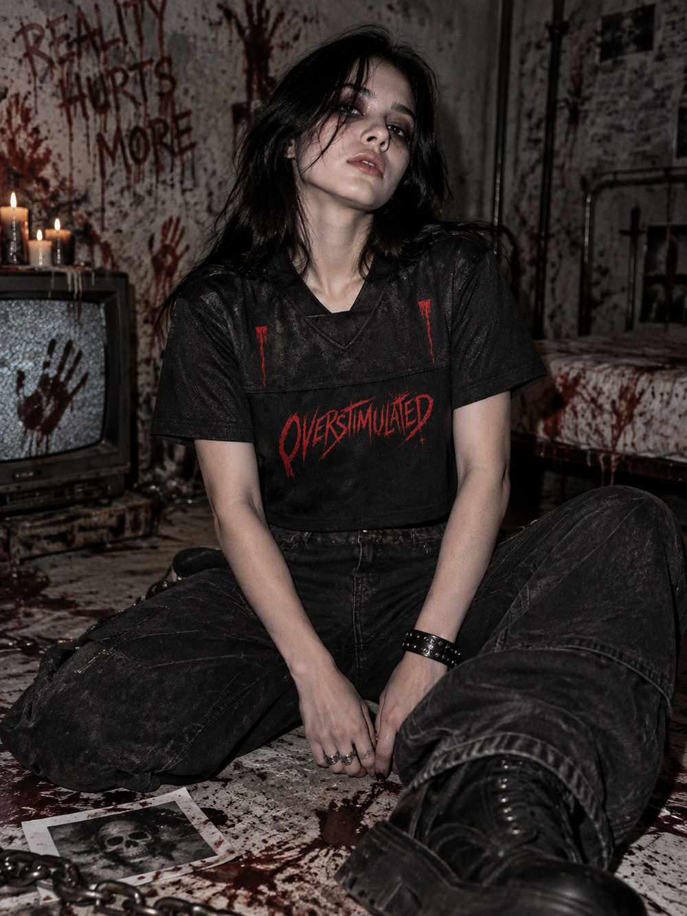 Overstimulated cropped V-neck jersey – woman wearing the cropped jersey, AI-generated mockup