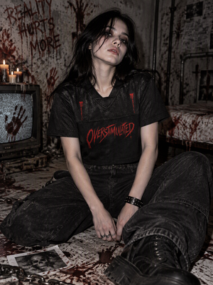 Overstimulated cropped V-neck jersey – woman wearing the cropped jersey, AI-generated mockup