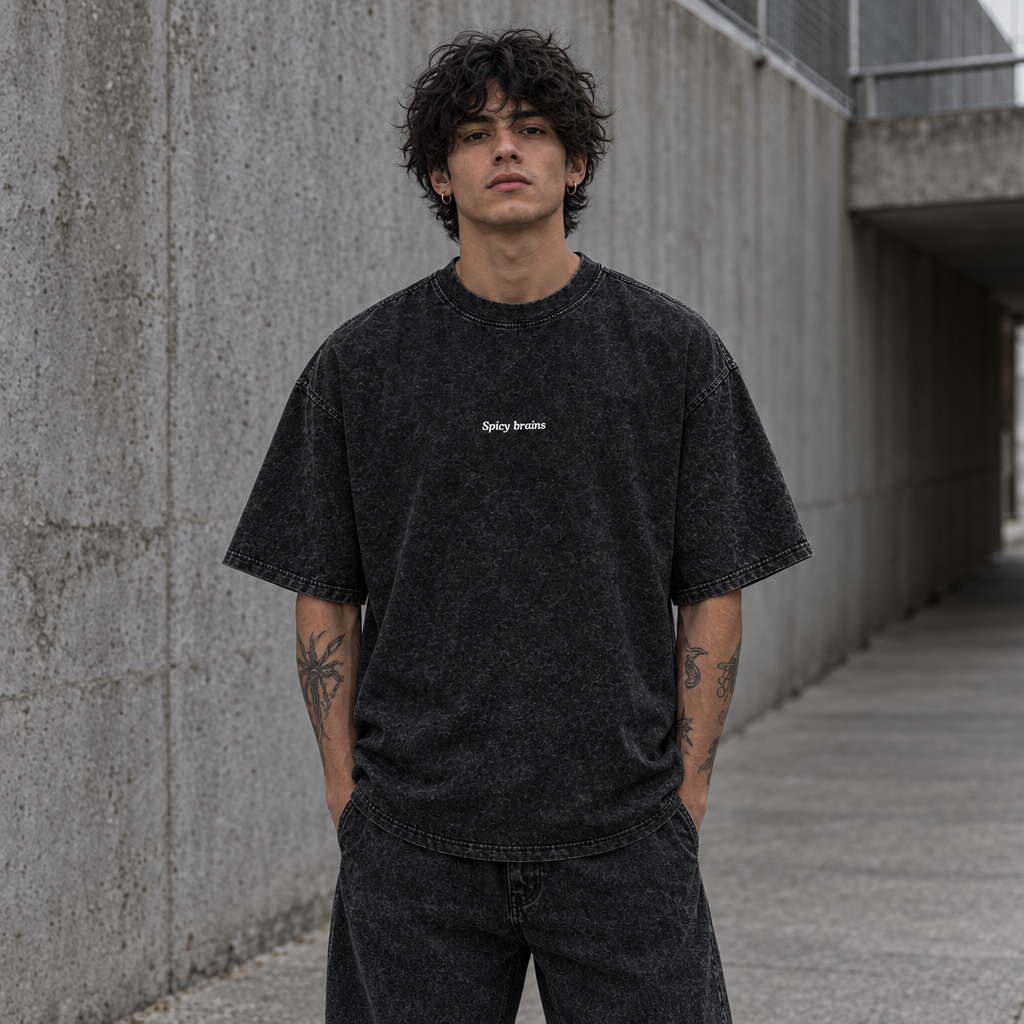 Stay Weird Spicy Brains oversized tee – man wearing the tee, front view, AI-generated mockup
