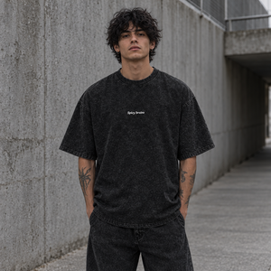 Stay Weird Spicy Brains oversized tee – man wearing the tee, front view, AI-generated mockup