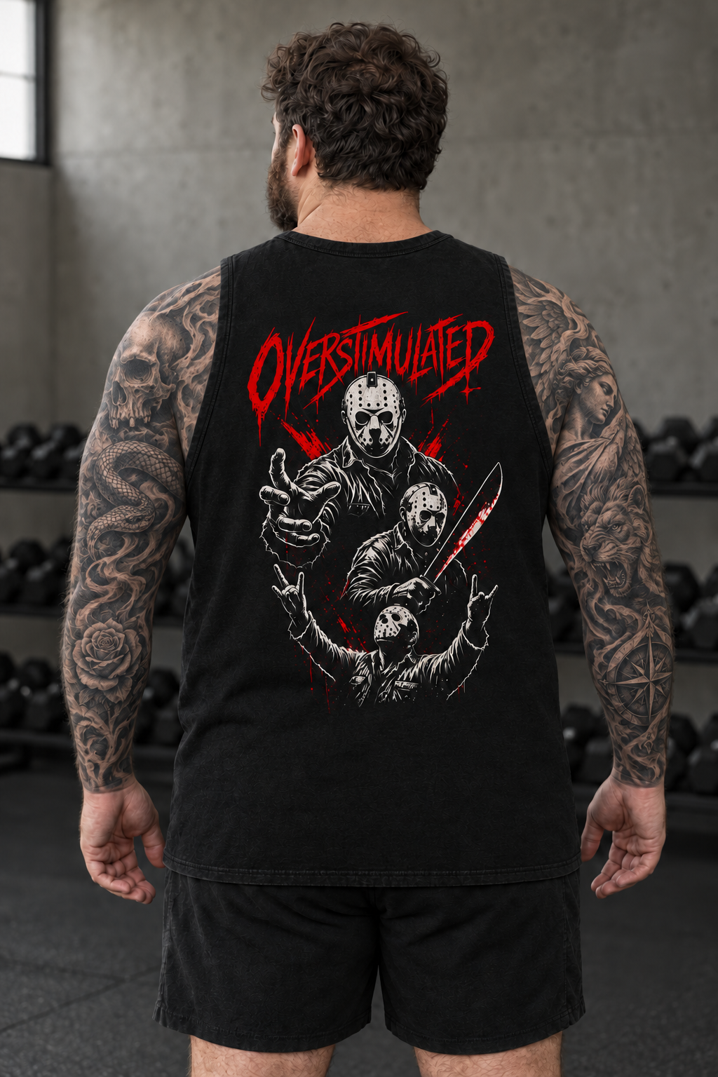 Overstimulated horror tank – man wearing the tank, back view, AI-generated mockup