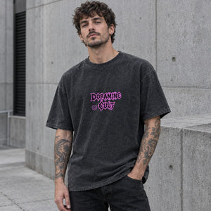 Dopamine Cult snow-washed oversized tee – man wearing the tee on a city street, AI-generated mockup