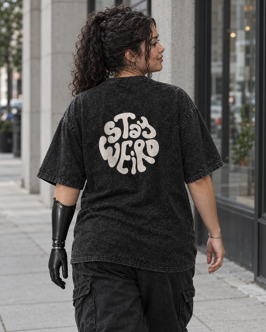 Stay Weird Spicy Brains oversized tee – woman showing the Stay Weird back print, AI-generated mockup