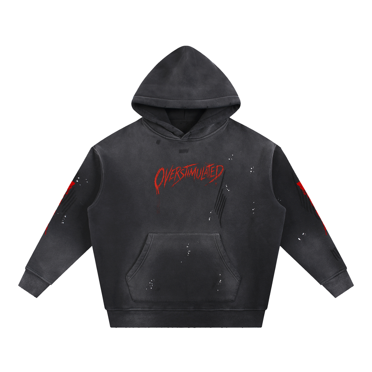 Overstimulated distressed horror hoodie – distressed washed black hoodie, front, flat lay, AI-generated mockup