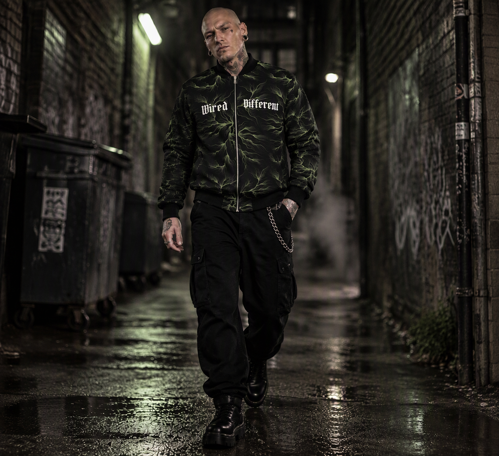 Wired Different bomber jacket – man wearing the bomber in an alley, AI-generated mockup