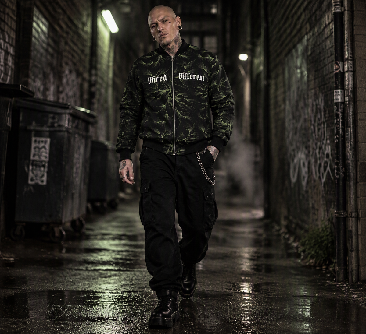 Wired Different bomber jacket – man wearing the bomber in an alley, AI-generated mockup
