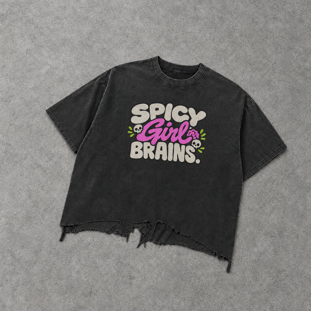 Spicy Girl Brains distressed tee – washed black boxy tee with Spicy Girl Brains print, flat lay, AI-generated mockup