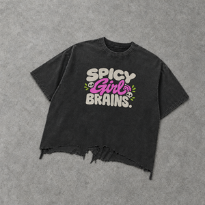 Spicy Girl Brains distressed tee – washed black boxy tee with Spicy Girl Brains print, flat lay, AI-generated mockup