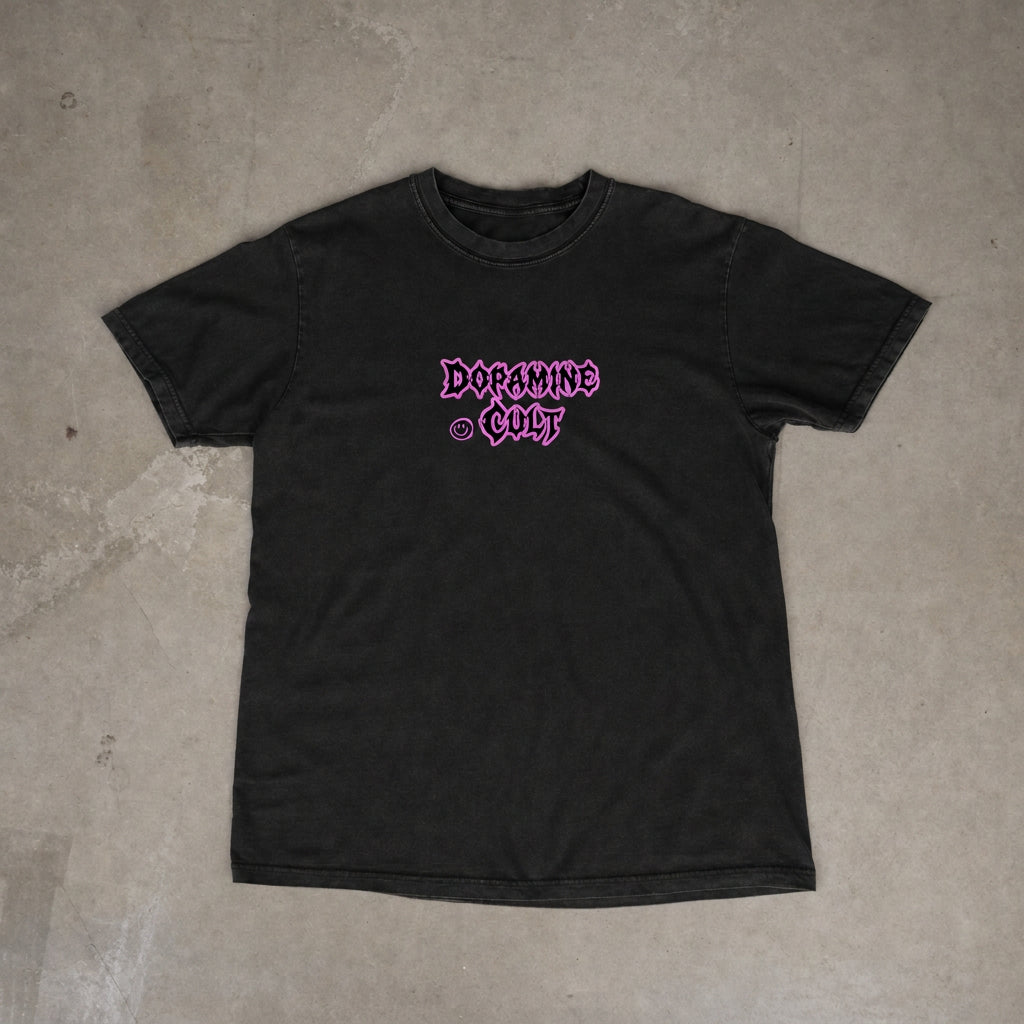 Dopamine Cult snow-washed oversized tee – front of the washed black tee on concrete, AI-generated mockup