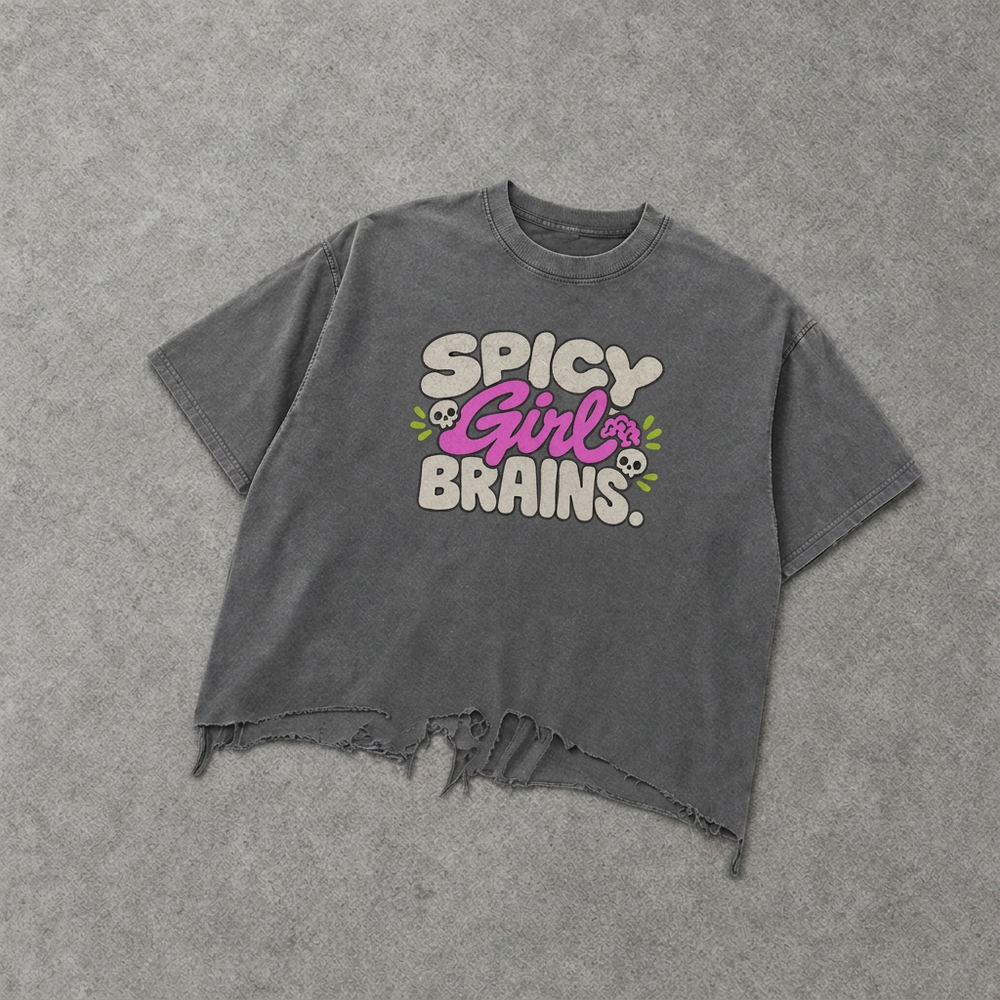 Spicy Girl Brains distressed tee – washed grey boxy tee with Spicy Girl Brains print, flat lay, AI-generated mockup