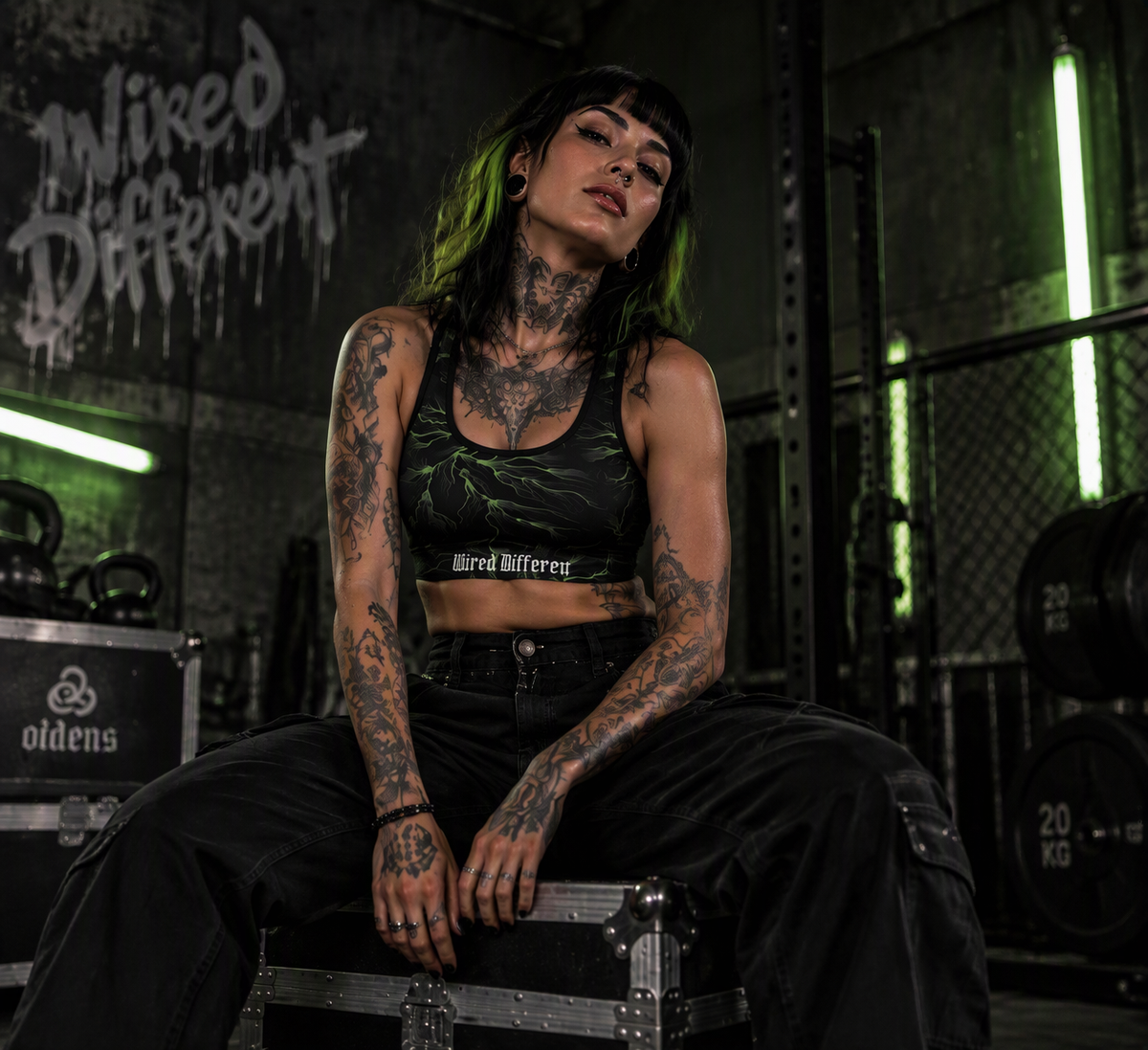 Wired Different sports bra – woman wearing the sports bra in a gym, AI-generated mockup