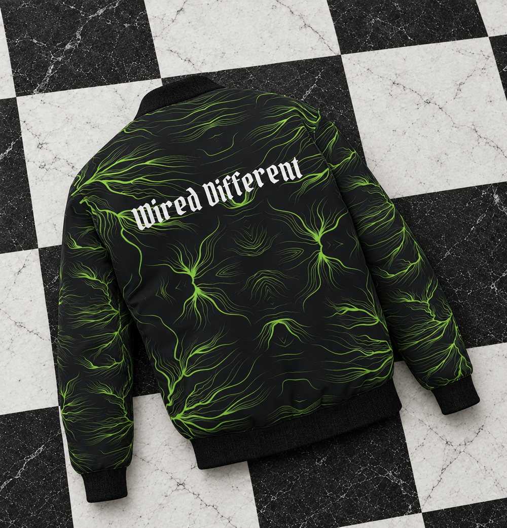 Wired Different bomber jacket – back of the lightning-print bomber, flat lay, AI-generated mockup