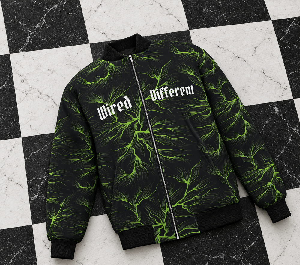 Wired Different bomber jacket – black bomber with neon green lightning print and split Wired Different chest text, flat lay, AI-generated mockup