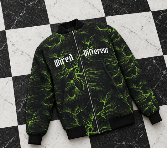 Wired Different bomber jacket – black bomber with neon green lightning print and split Wired Different chest text, flat lay, AI-generated mockup