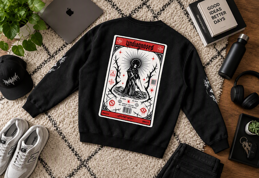 Undiagnosed Autistic oversized top – back with tarot-style card print, flat lay, AI-generated mockup