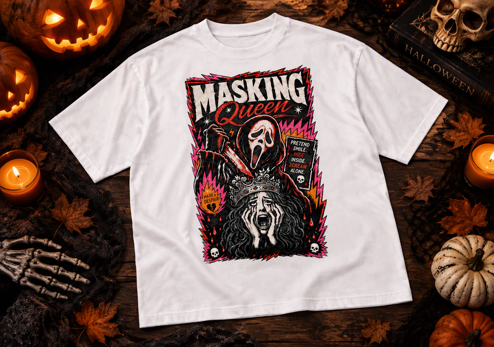 Masking Queen oversized tee – white tee styled with Halloween props, AI-generated mockup