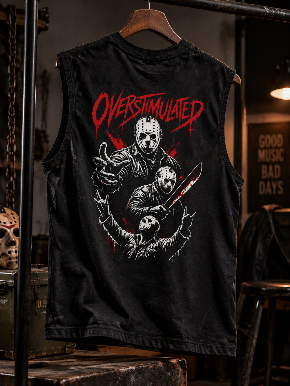 Overstimulated horror tank – tank hanging up, showing the back print, AI-generated mockup