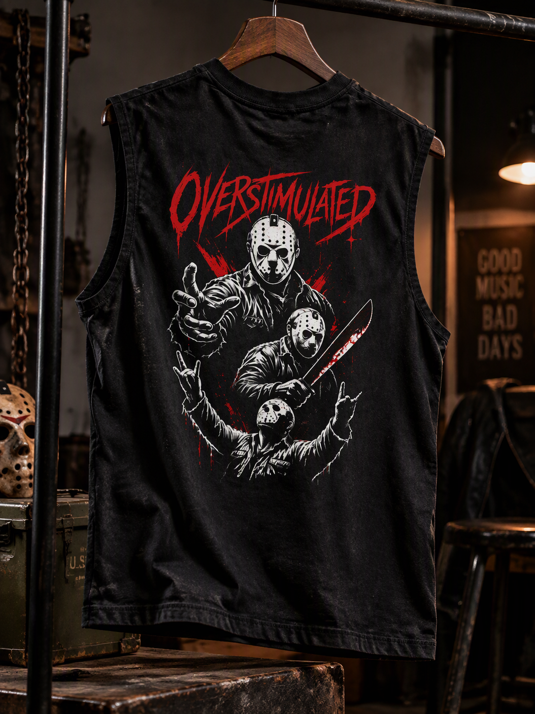 Overstimulated horror tank – tank hanging up, showing the back print, AI-generated mockup