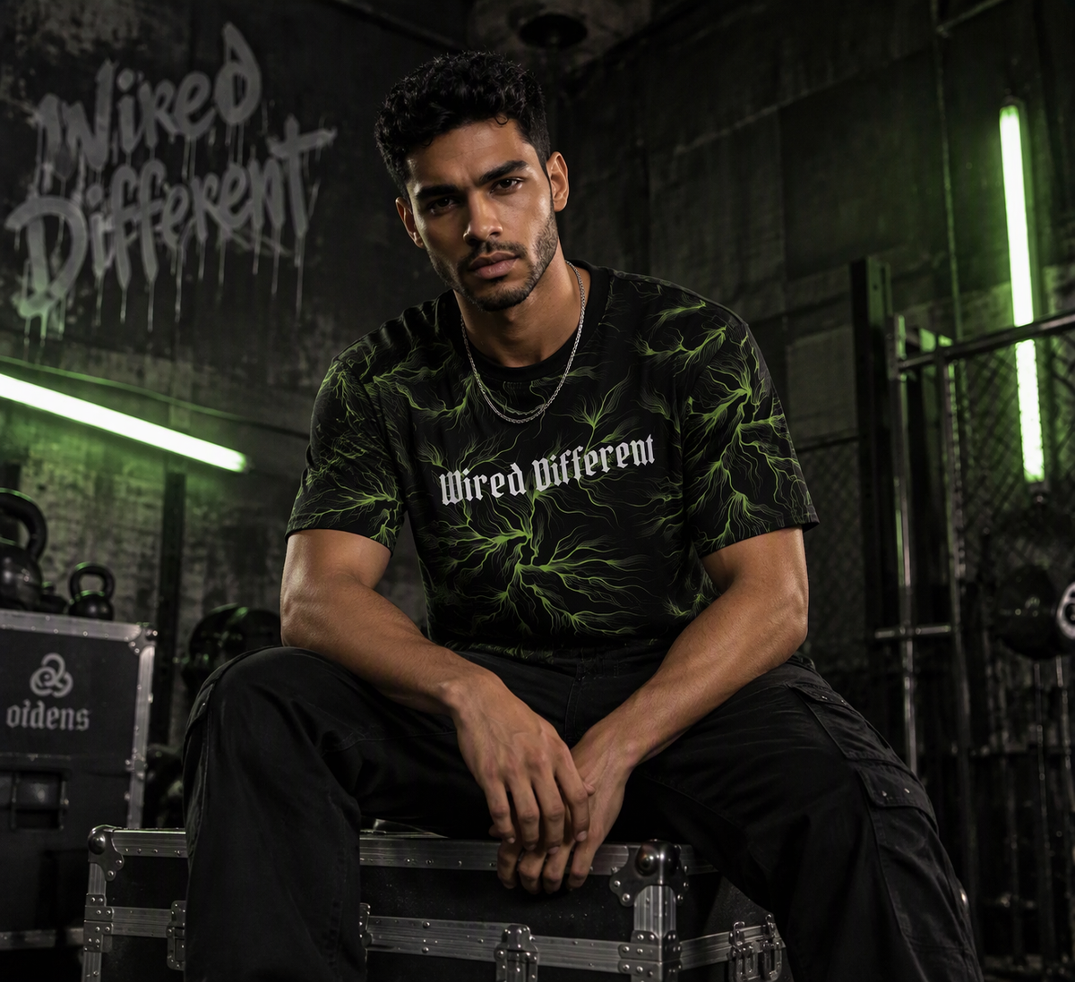 Wired Different men's oversized tee – man wearing the tee, seated, AI-generated mockup