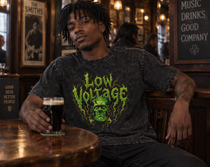 Low Voltage washed oversized tee – man wearing the tee in a bar, AI-generated mockup