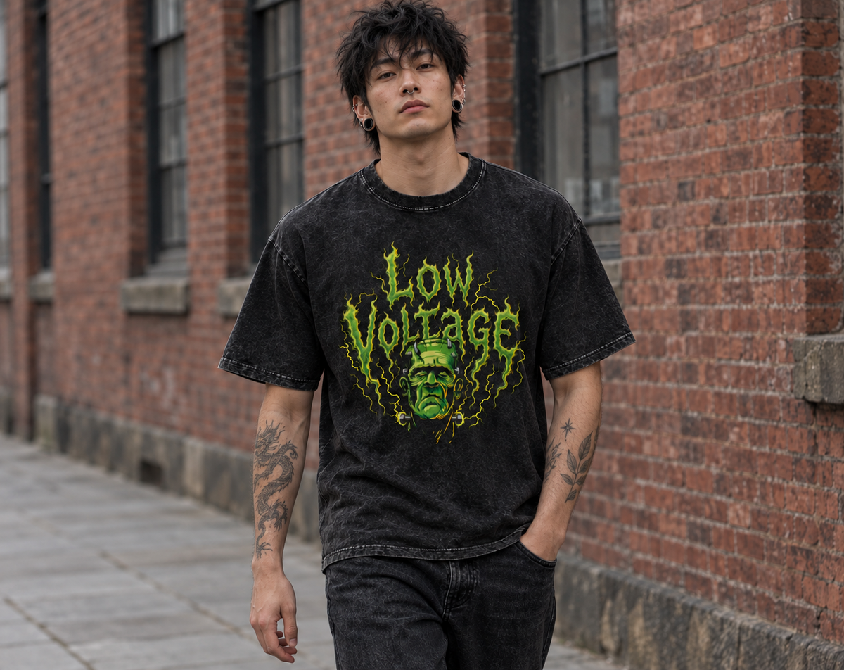 Low Voltage washed oversized tee – man wearing the tee on a street, AI-generated mockup