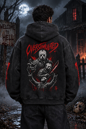 Overstimulated distressed horror hoodie – man wearing the hoodie at night, back view, AI-generated mockup