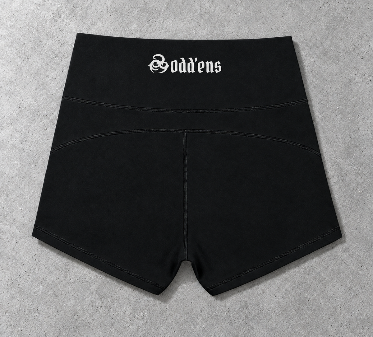 Oddens Core gym shorts – back of the gym shorts with Oddens waistband logo, AI-generated mockup
