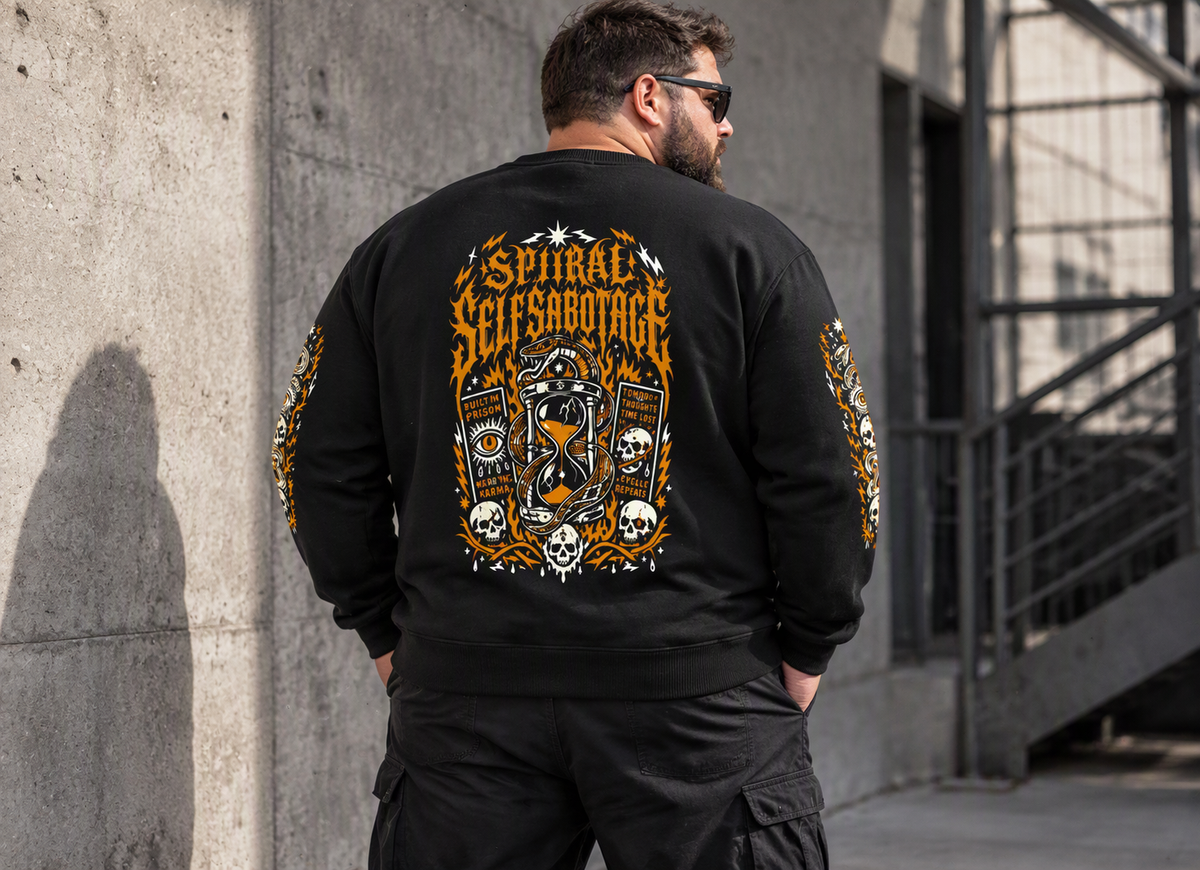 Spiral Self Sabotage long sleeve tee – man wearing the long sleeve, back view, AI-generated mockup