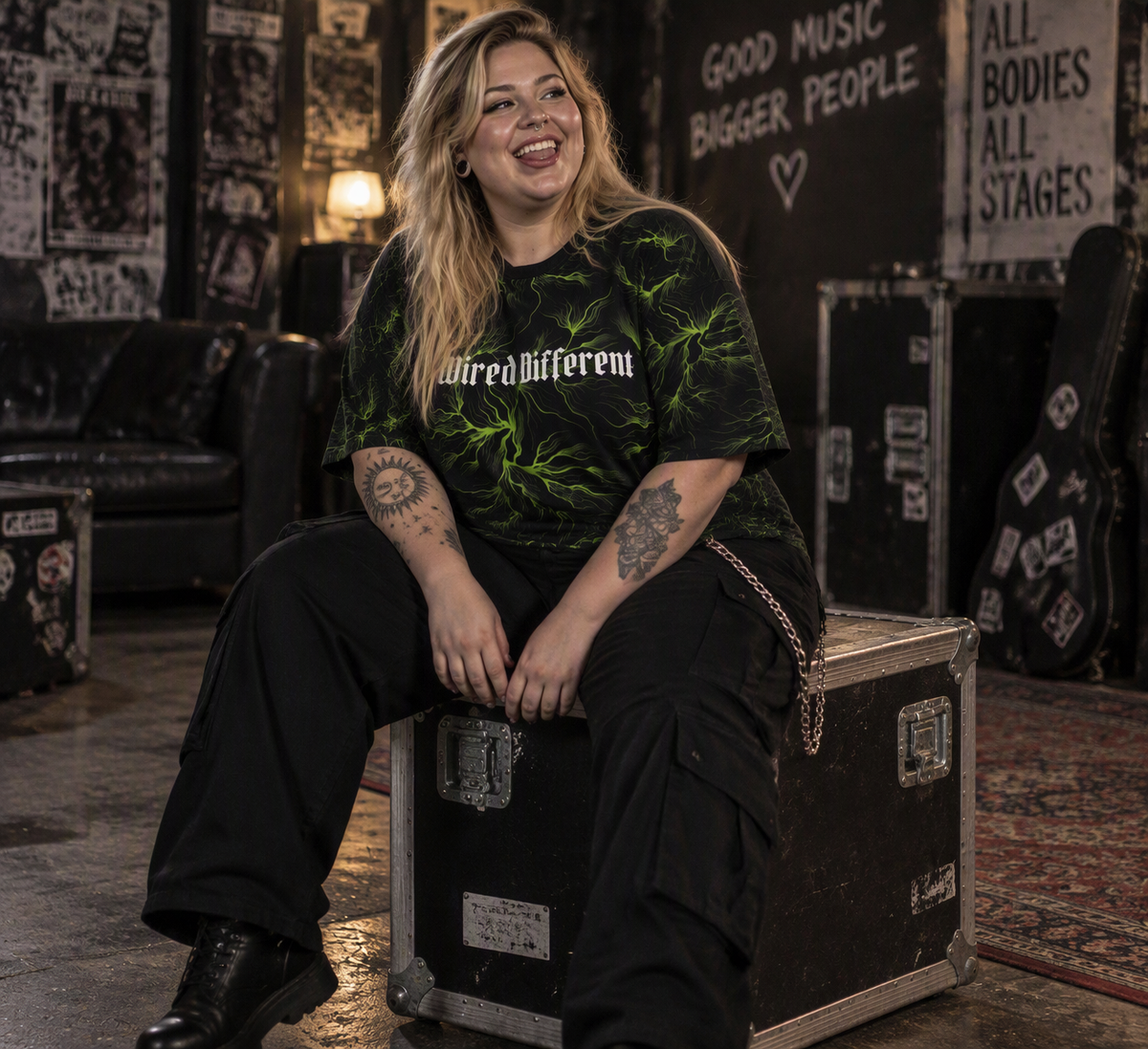 Wired Different women's oversized tee – woman wearing the tee, seated, AI-generated mockup